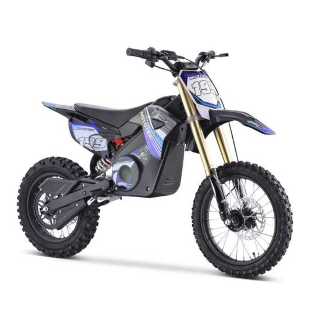 Electric off-road style motorcycle with knobby tires and front suspension, shown in a studio product image on a plain light background.