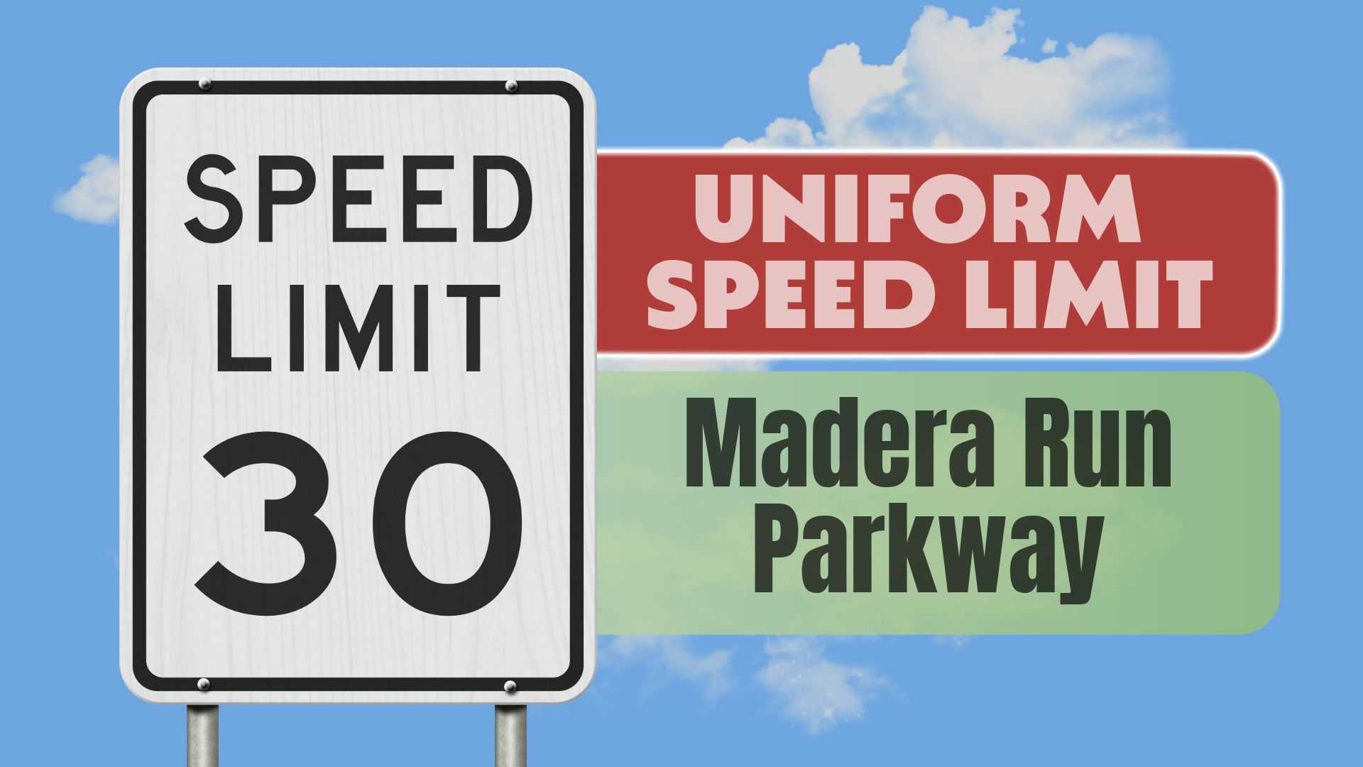 Speed Limit 30 sign in the foreground with a blue sky and clouds. To the right, red and green banners read Uniform Speed Limit and Madera Run Parkway.